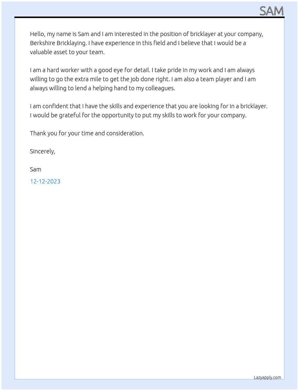 bricklayer At laying bricks Cover Letter