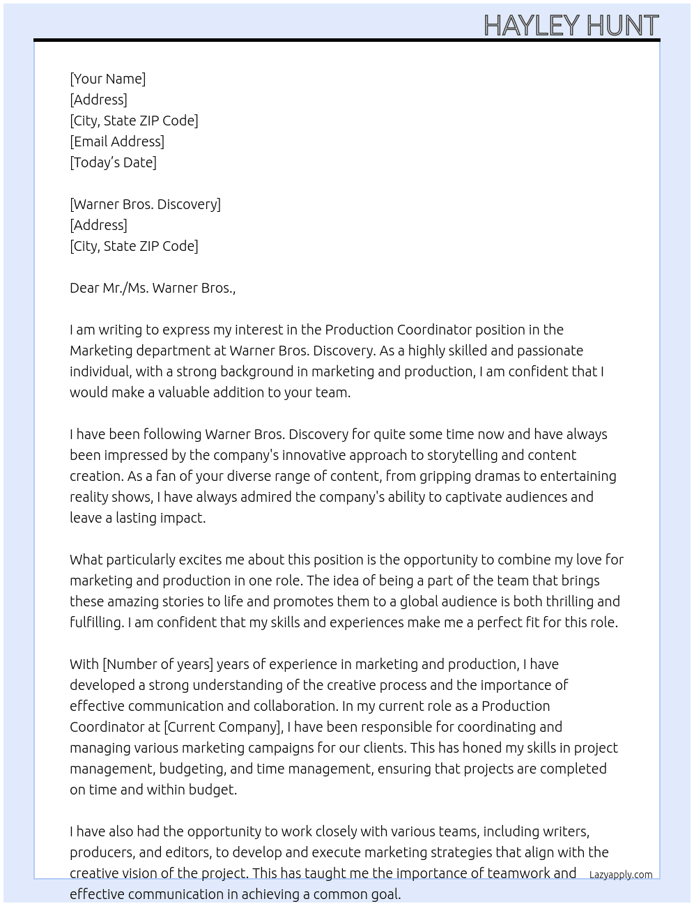 Production Coordinator, Marketing At Warner Bros. Discovery Cover Letter