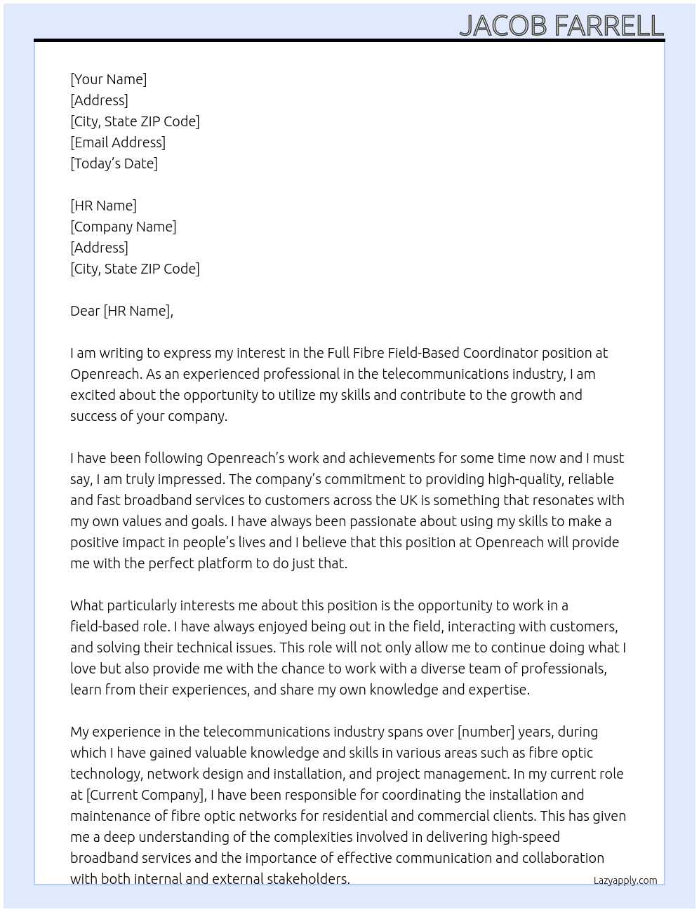 Full Fibre field based co-ord At Openreach Cover Letter