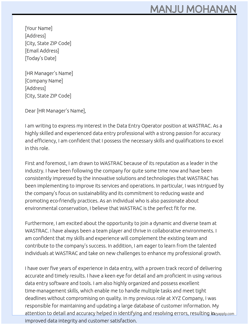 DATA ENTRY OPERATOR At WASTRAC Cover Letter