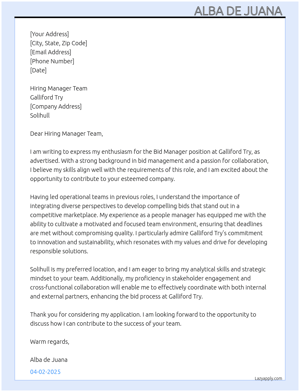 Cover letter for bid manager - LazyApply