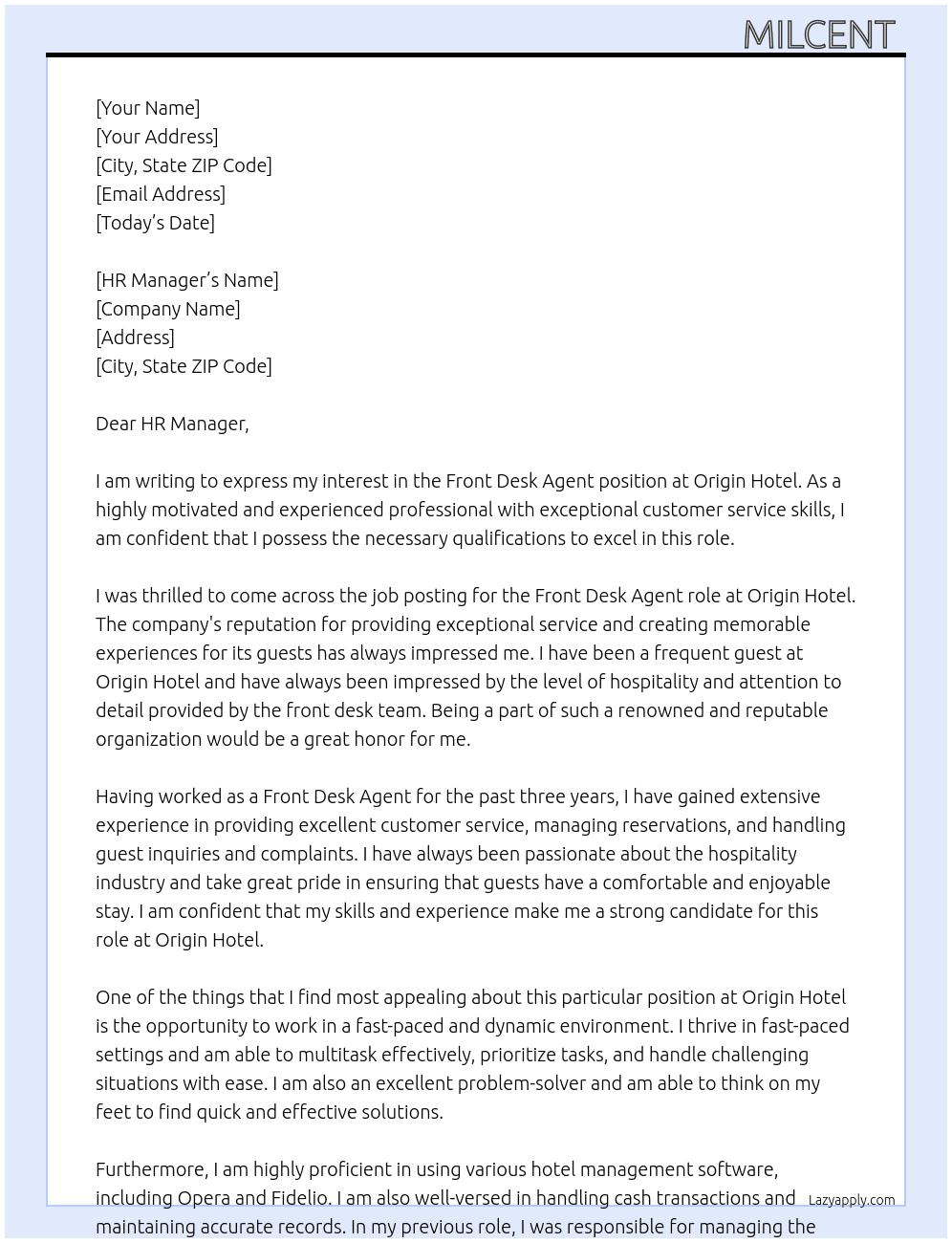 front desk agent At Origin hotel Cover Letter