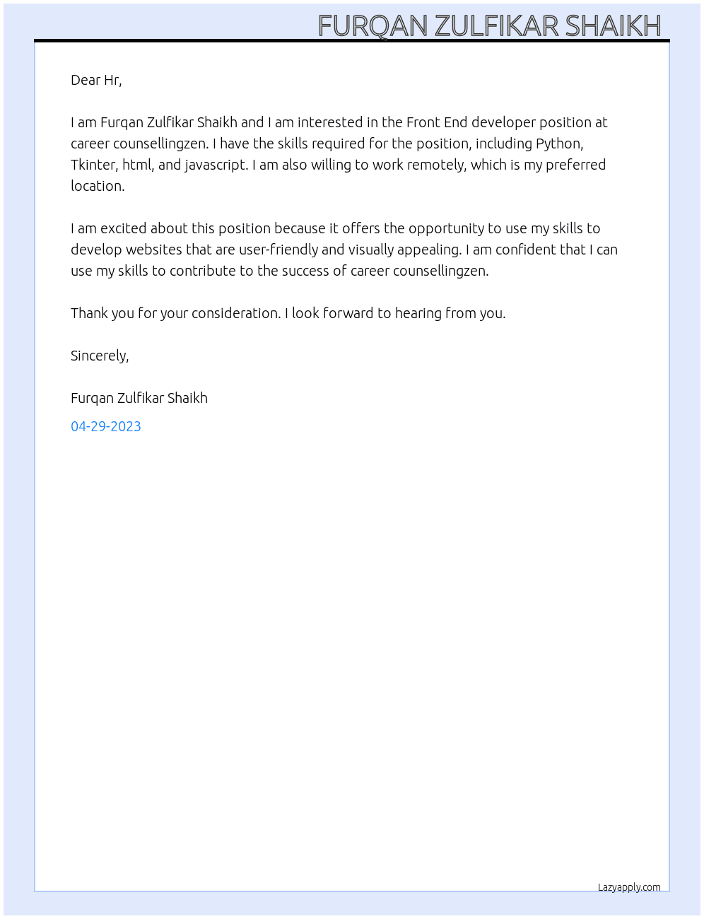 Front End developer  At career counsellingzen Cover Letter