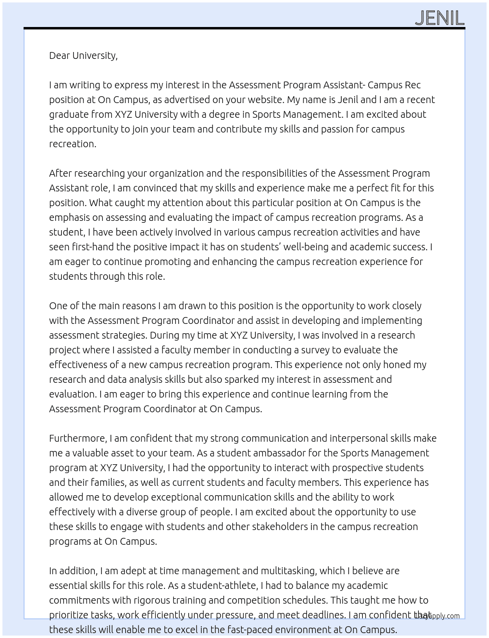 Assessment Program Assistant- Campus Rec At on campus  Cover Letter