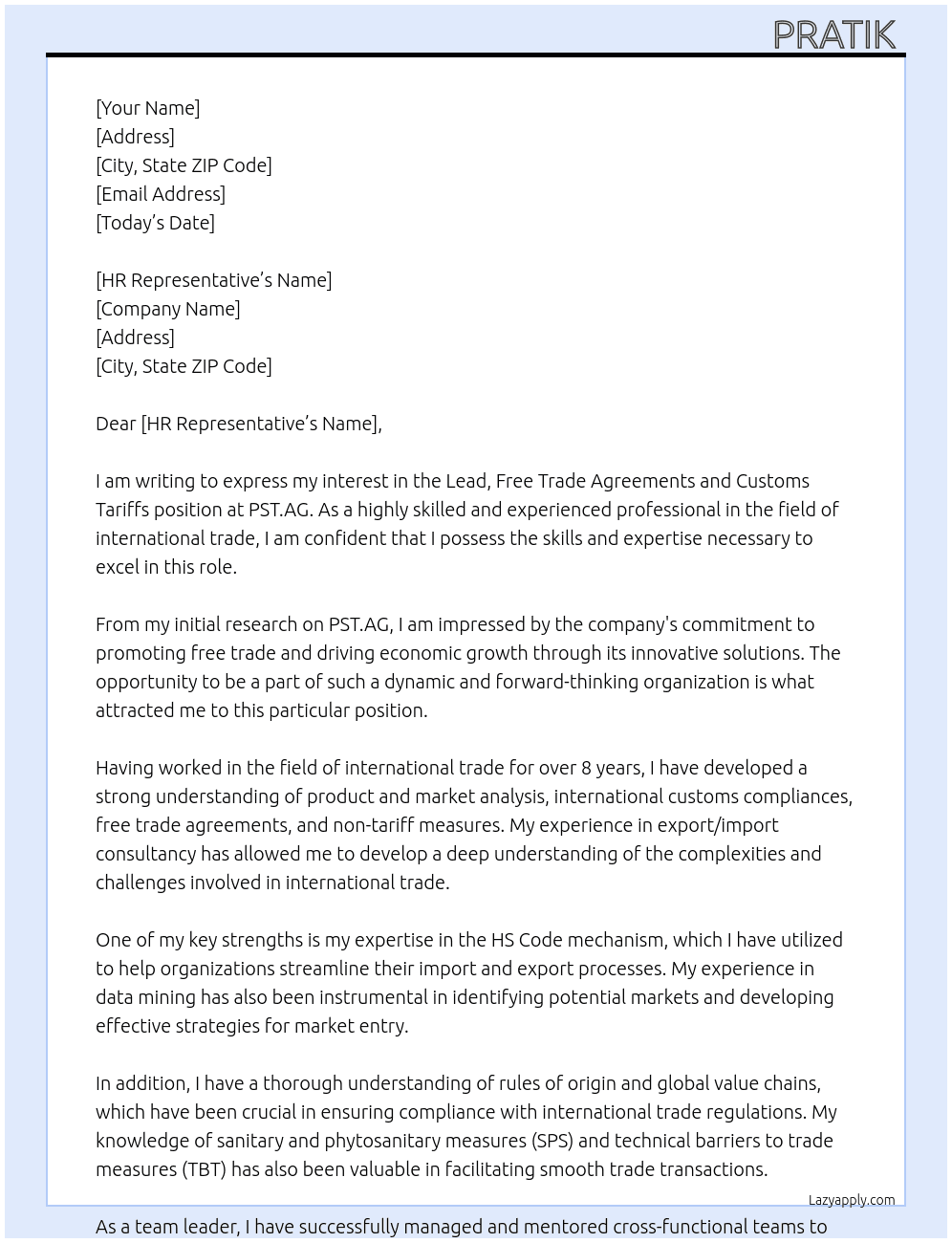 Lead, Free Trade Agreements and Customs Tariffs At PST.AG Cover Letter