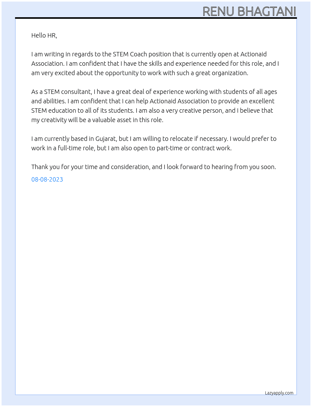 STEM Coach At Actionaid Association Cover Letter