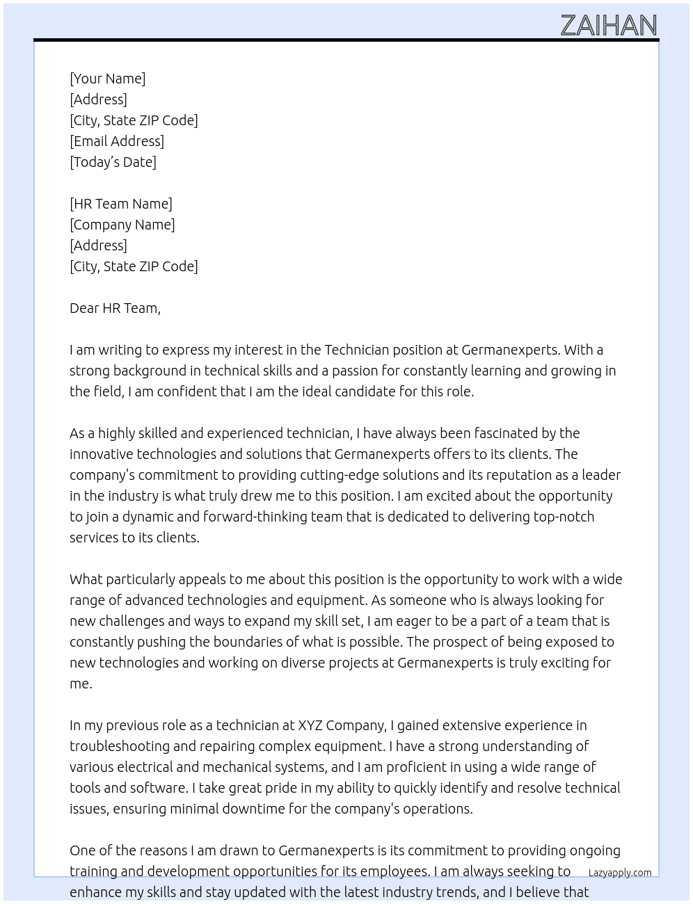 Technician At Germanexperts Cover Letter