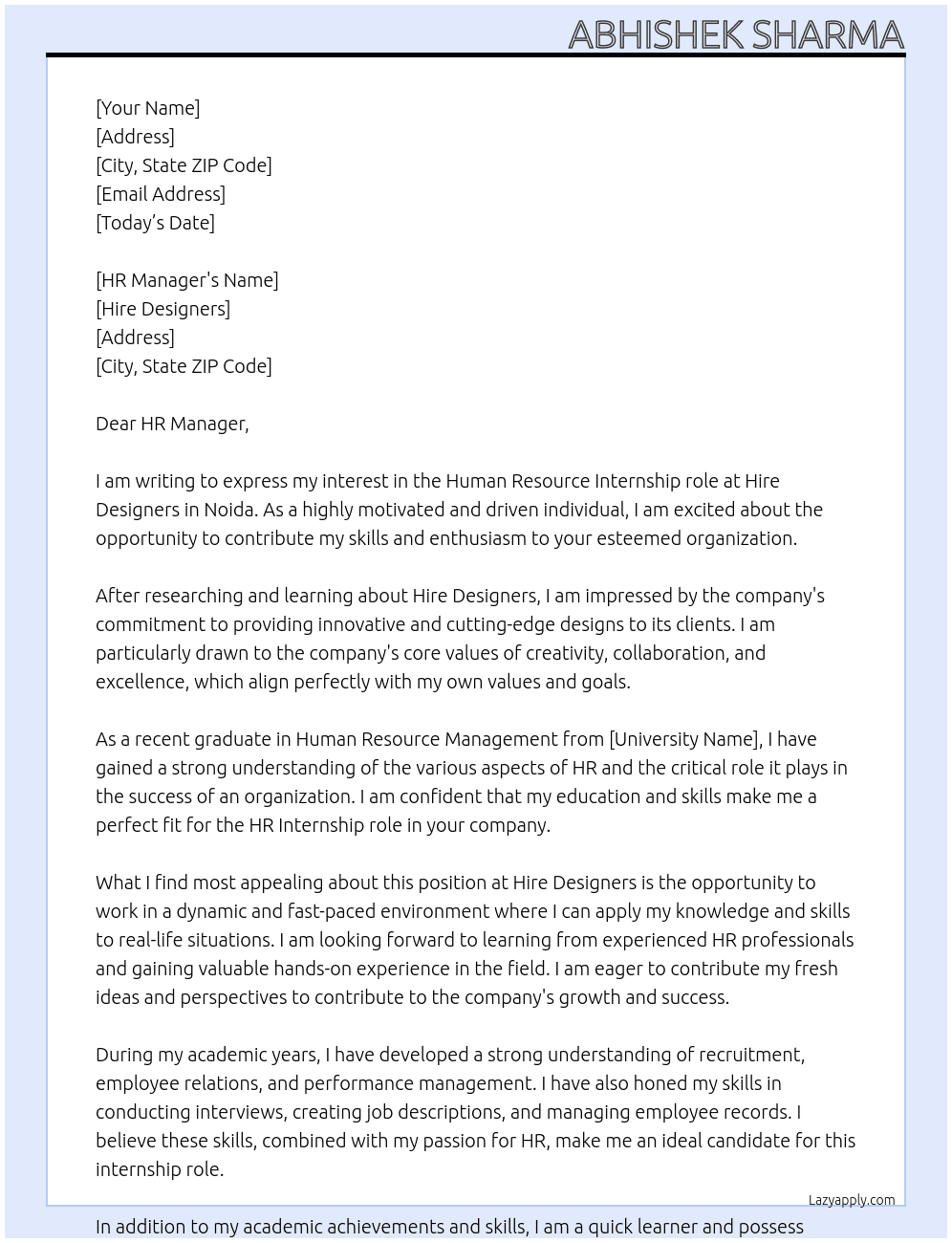 HUMAN RESOURCE  At Hire Designers Cover Letter