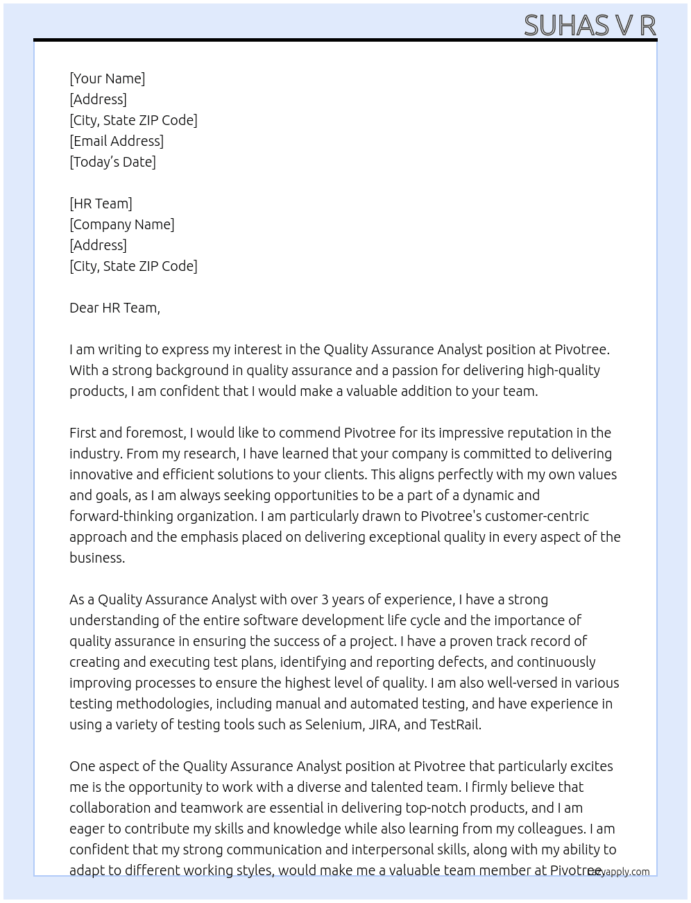 Quality Assurance Analyst At Pivotree Cover Letter