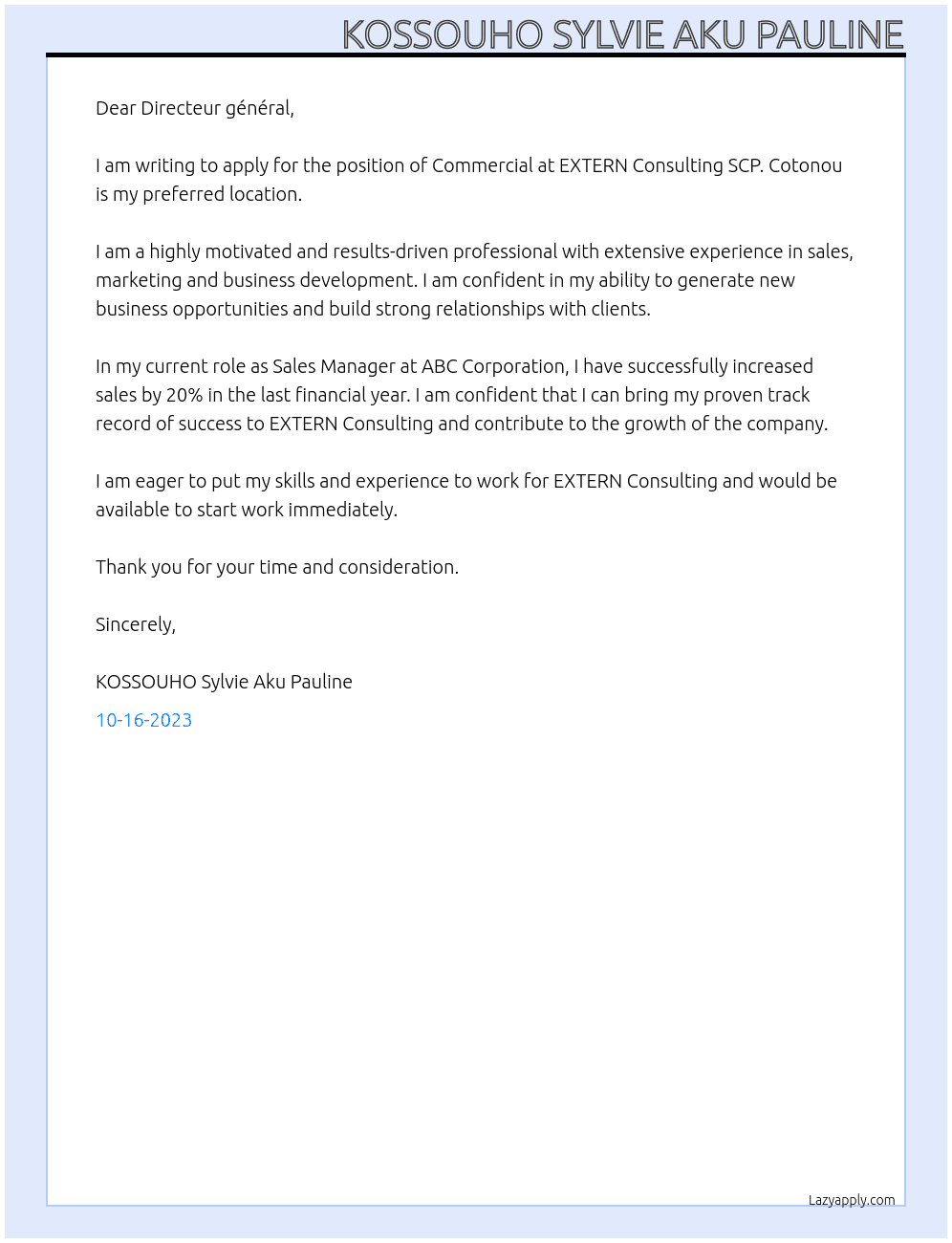 Commercial At EXTERN Consulting SCP Cover Letter