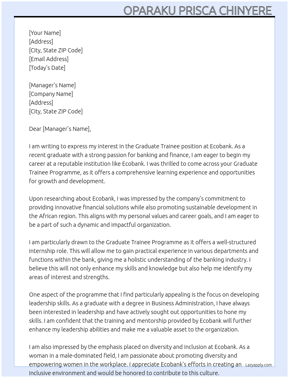 Graduate Trainee  At Ecobank Graduate Trainee Programme Cover Letter