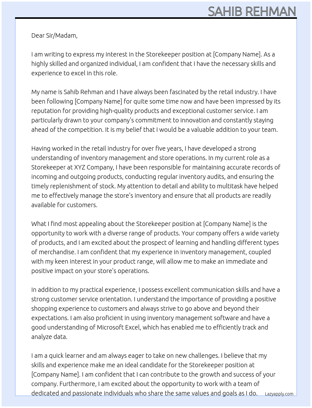 Store keepar  At ….. Cover Letter