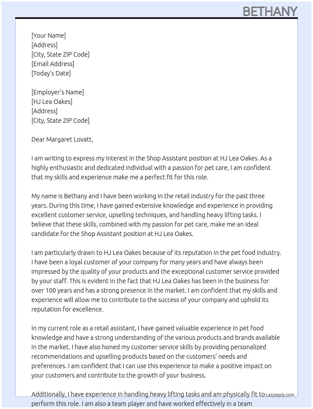 Shop assistant At HJ Lea Oakes Cover Letter