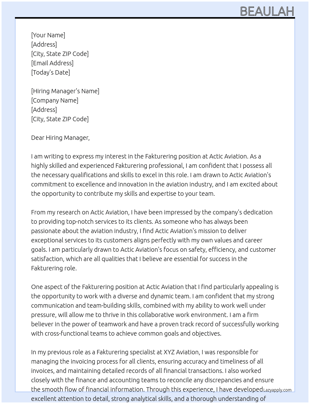 Fakturering At Actic Aviation Cover Letter