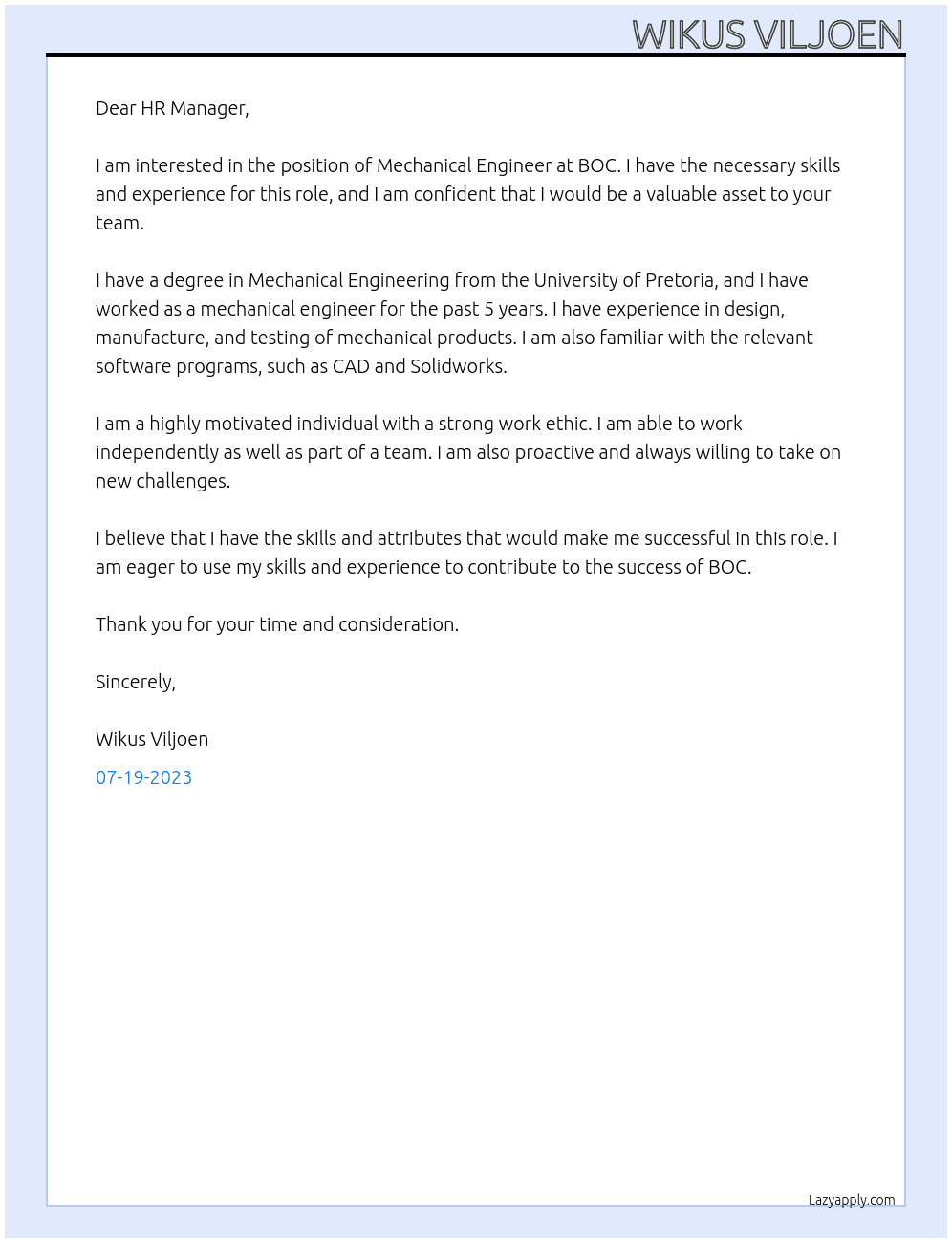 Mechanical Engineer At BOC Cover Letter