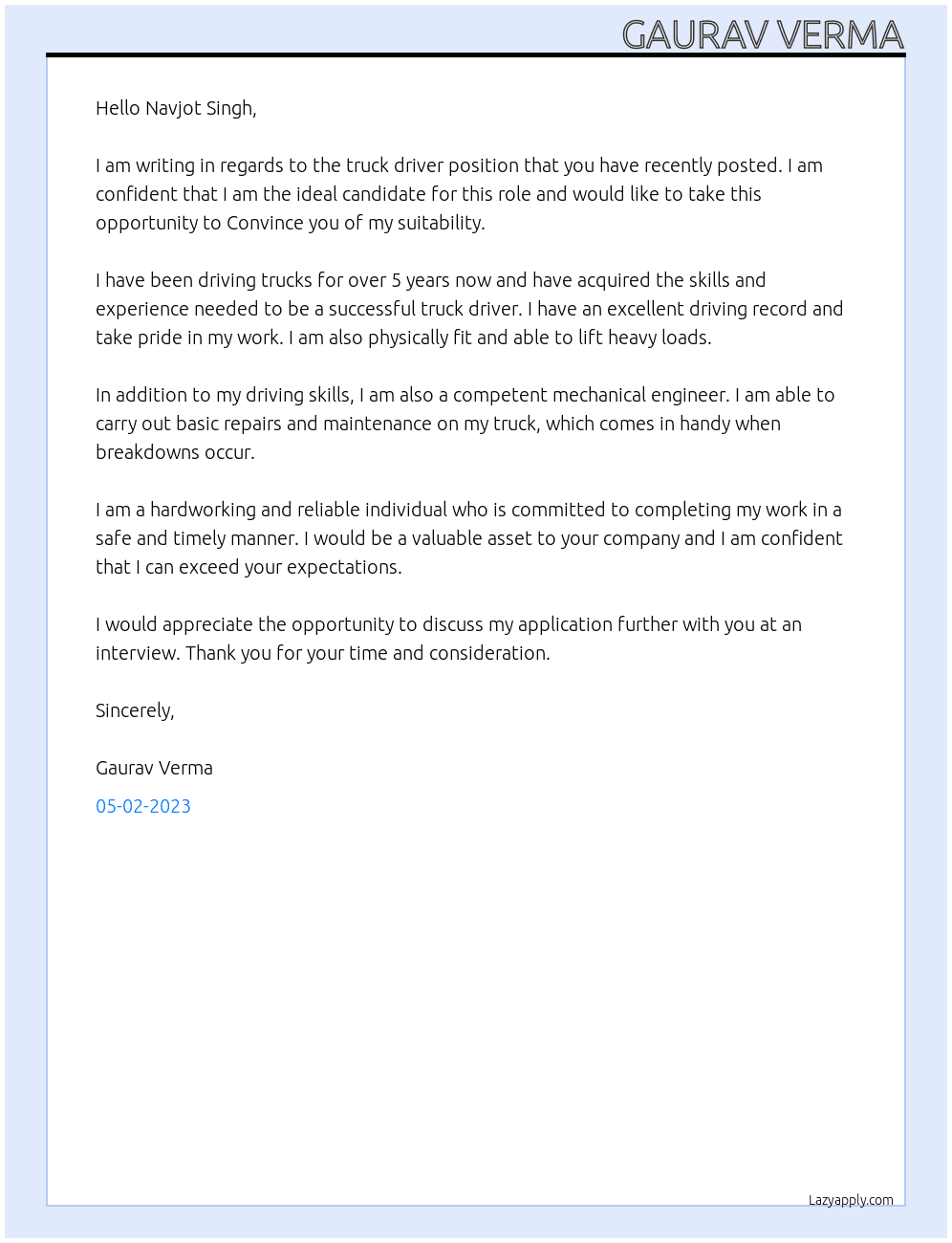 Truck Driver At OTL TRUCK LINE LTD Cover Letter
