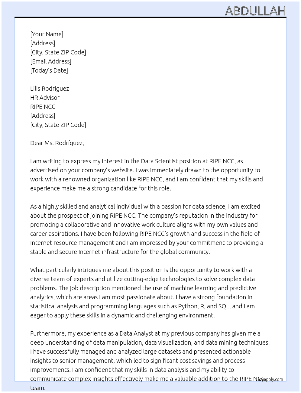 Cover letter for data scientest - LazyApply