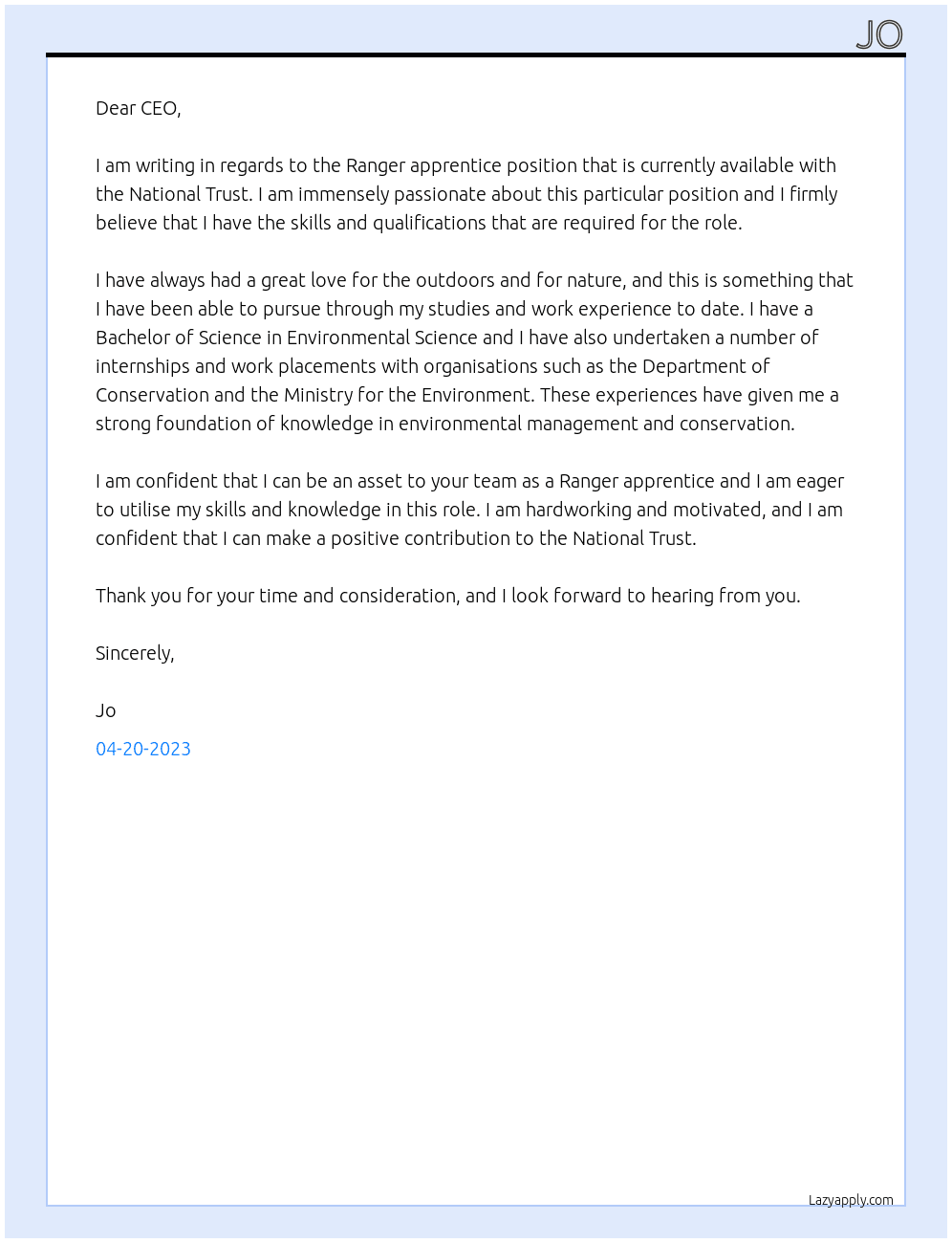 Ranger apprentice At national trust Cover Letter
