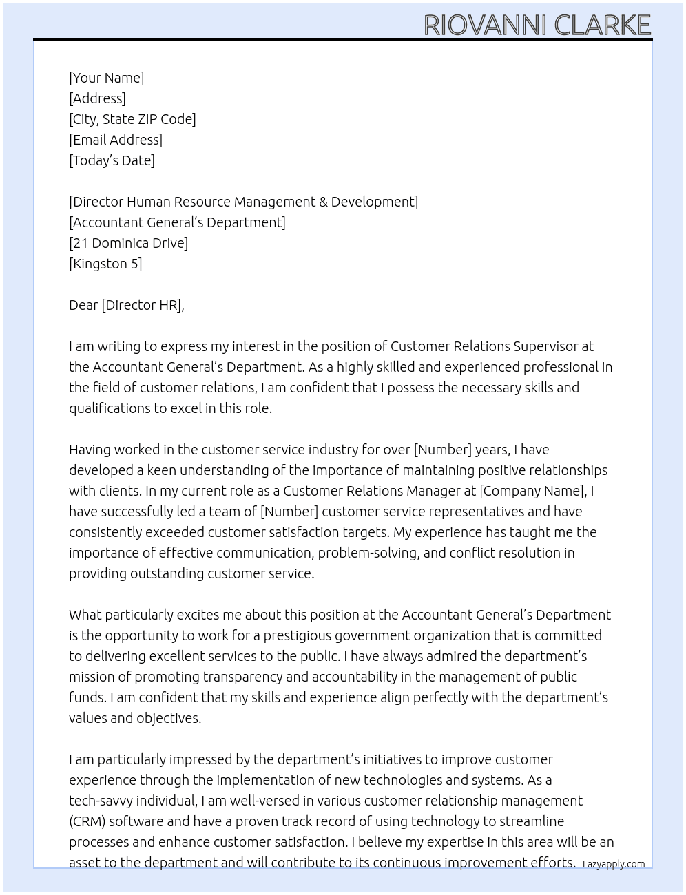 Cover letter for customer relations supervisor - LazyApply
