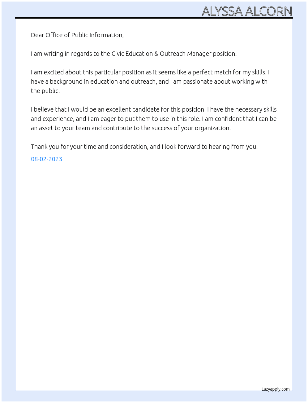 Civic Education & Outreach Manager At Ohio Supreme Court Office of Public Information Cover Letter