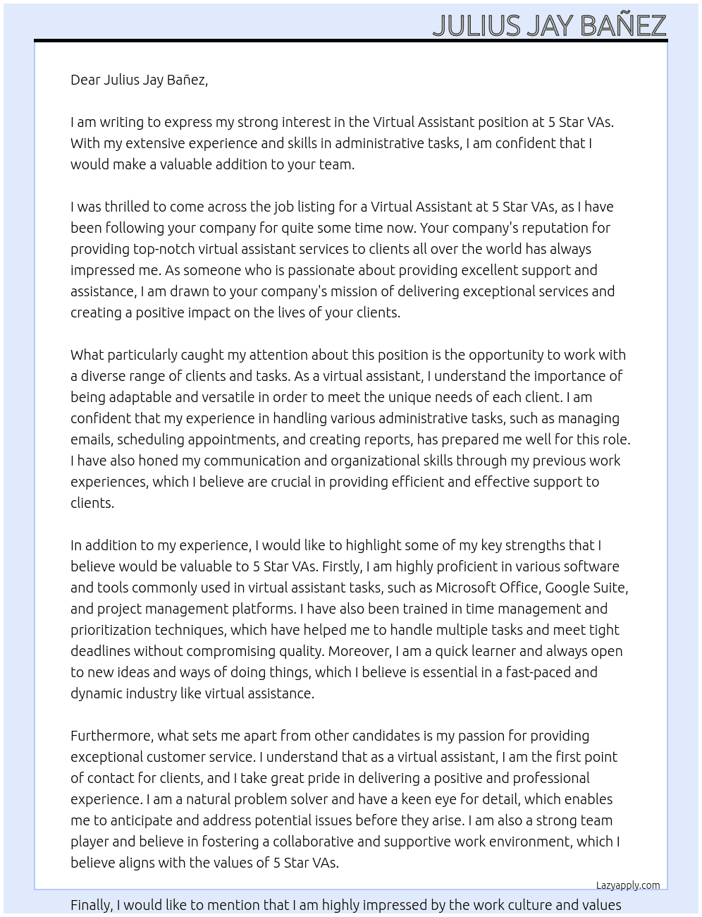 Virtual Assistant At 5 Star VAs Cover Letter
