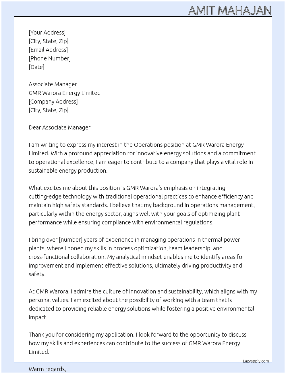 Operations in thermal power plant At Gmr warora energy limited Cover Letter