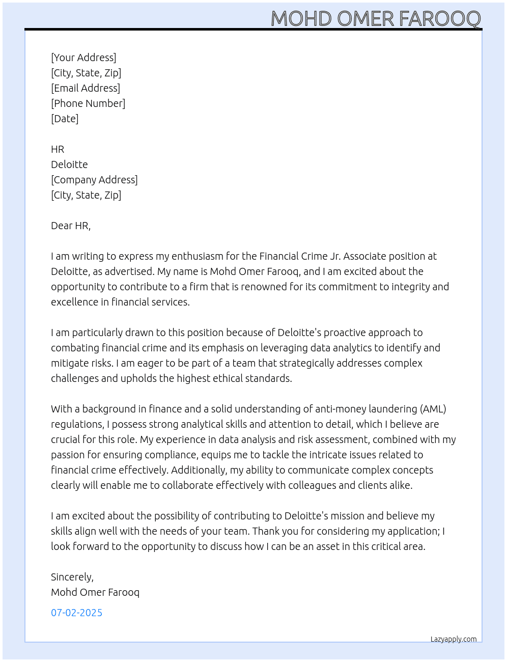Financial Crime Jr.Associate At Delloite Cover Letter