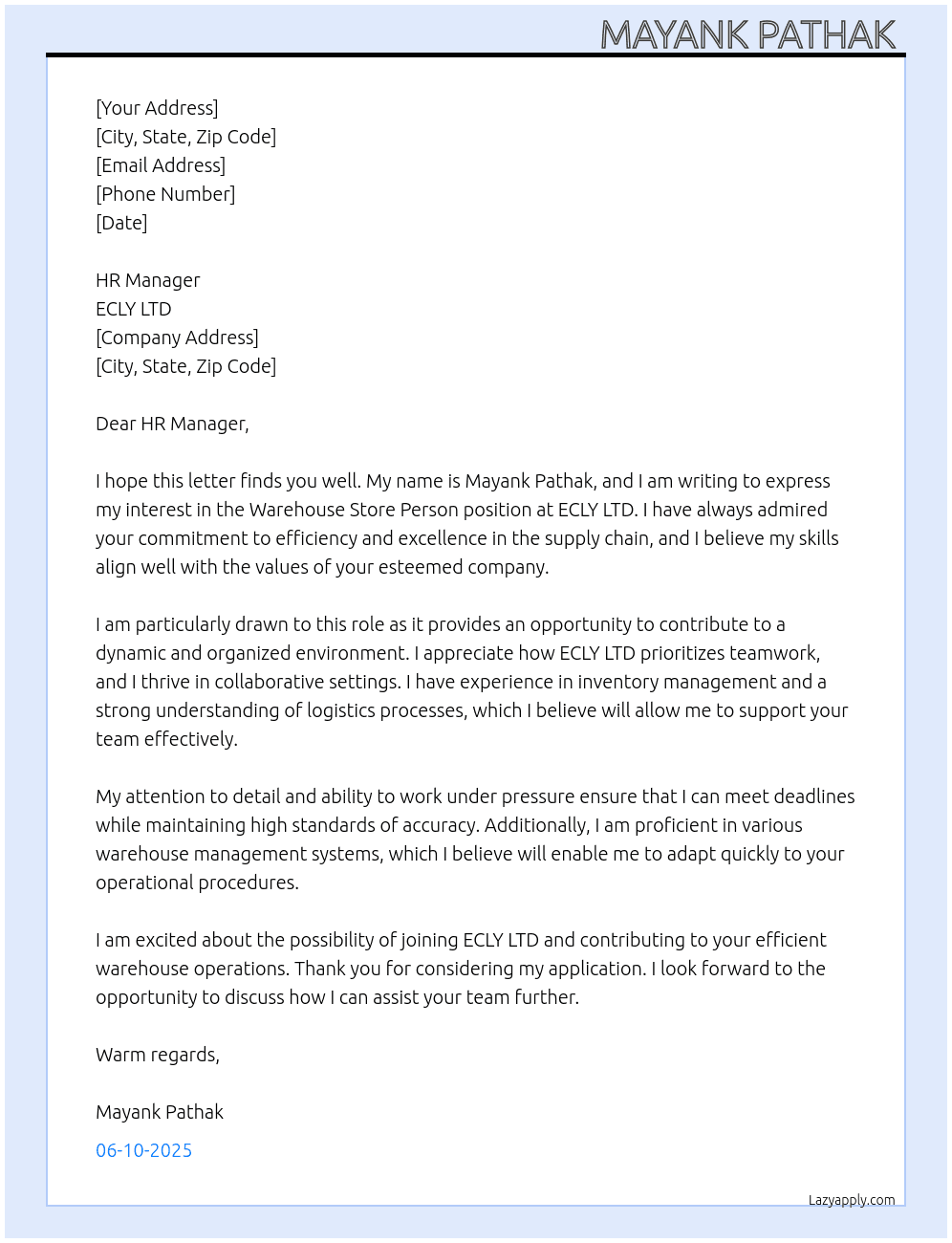 Cover letter for warehouse store person - LazyApply