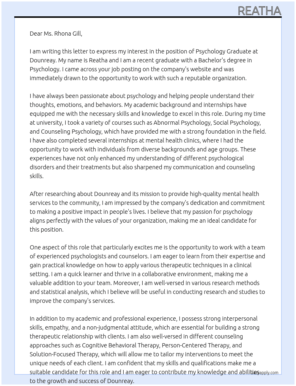 Psychology Graduate At Dounreay Cover Letter