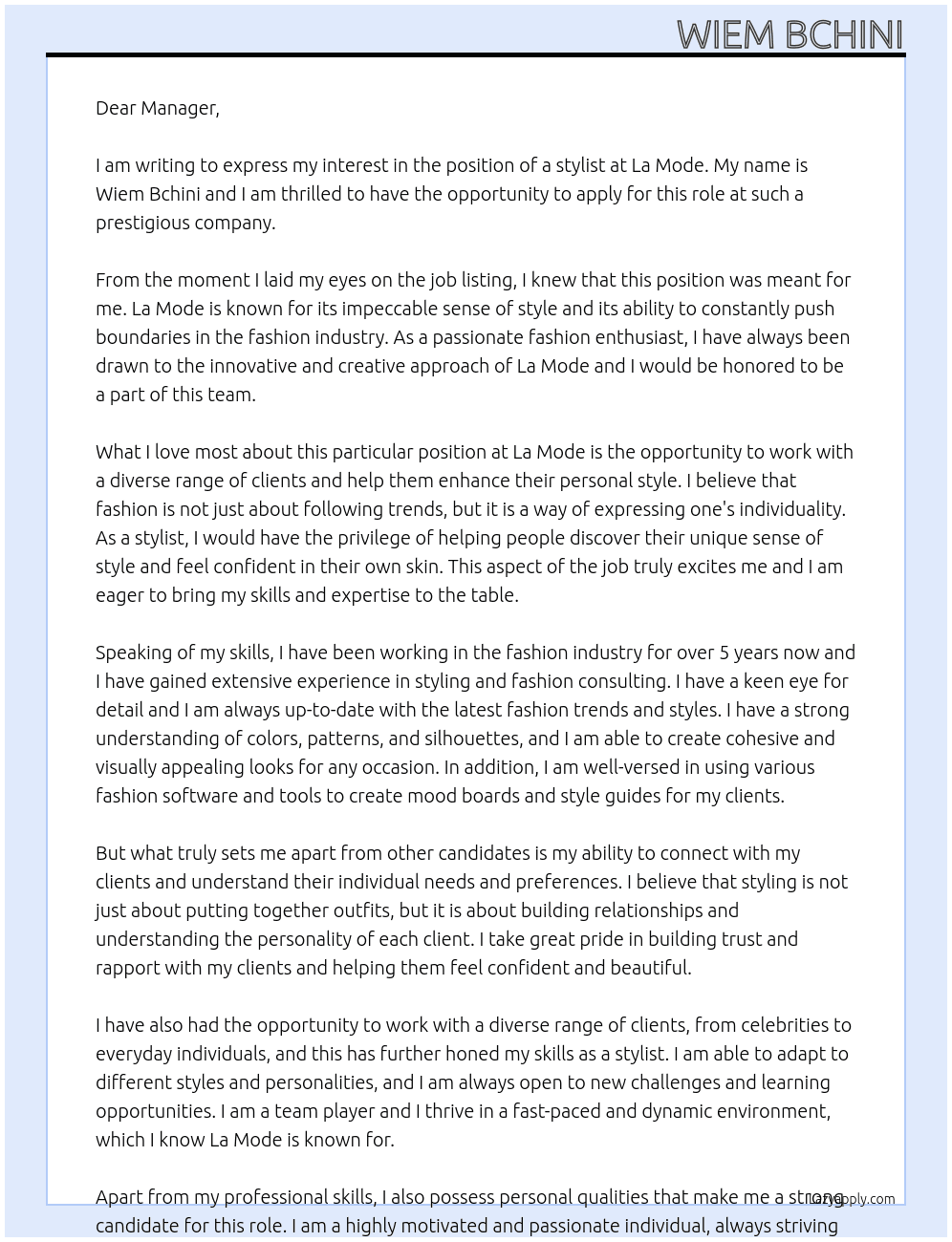 stylist At La Mode Cover Letter