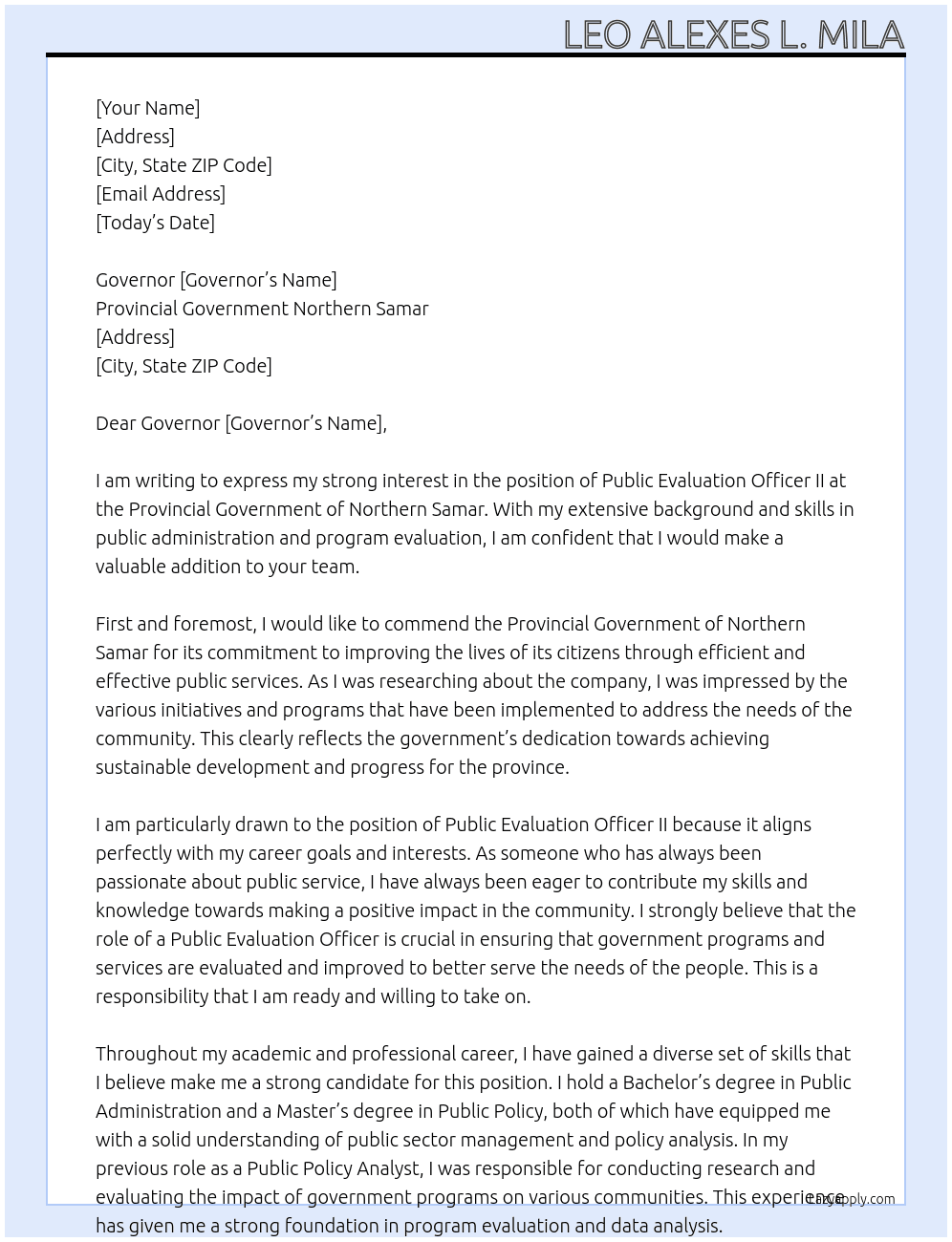 Public evaluation officer II At Provincial government Northern Samar Cover Letter