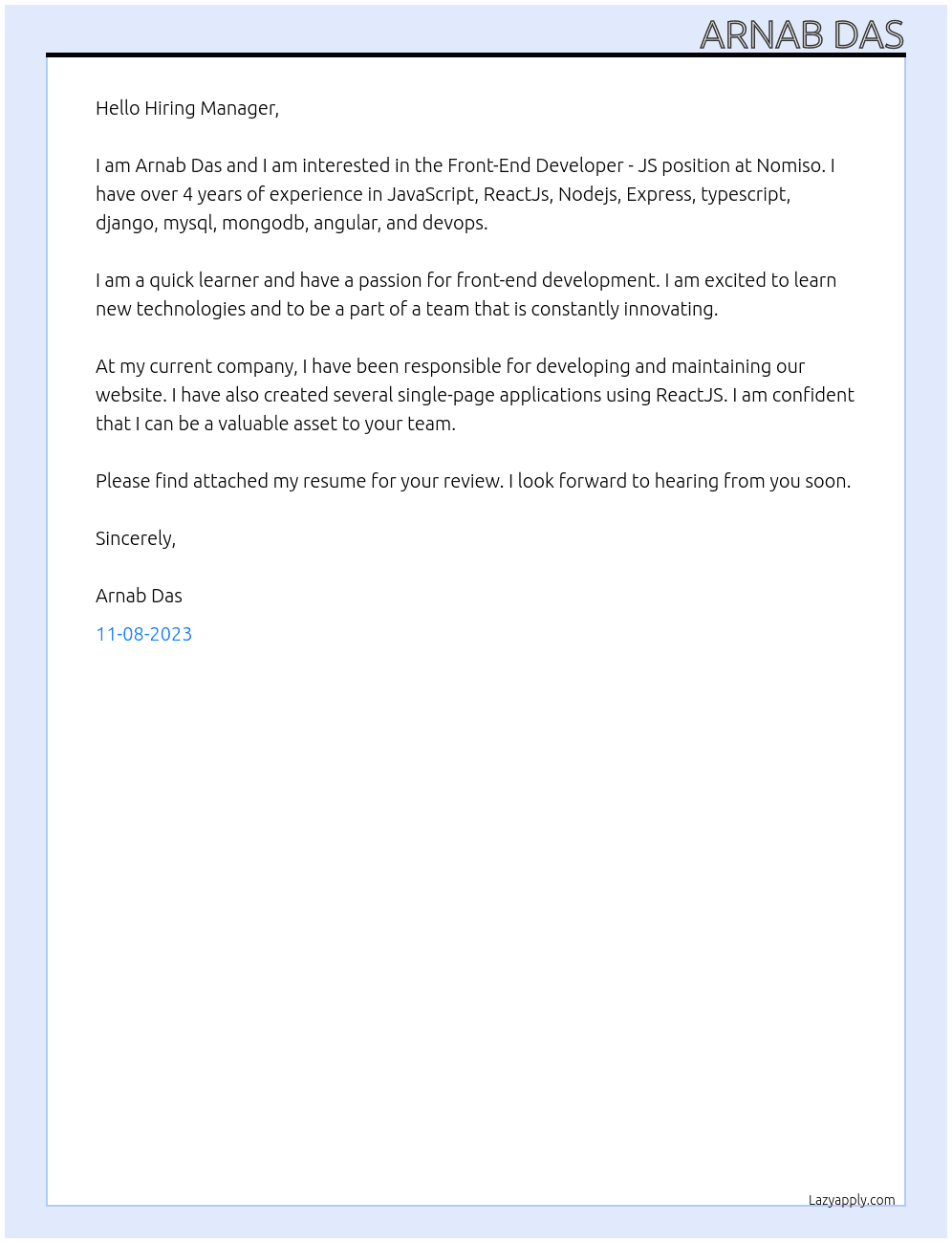 Front-End Developer -JS At Nomiso Cover Letter