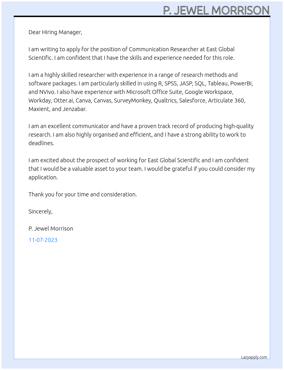Communication Researcher At East Global Scientific Cover Letter