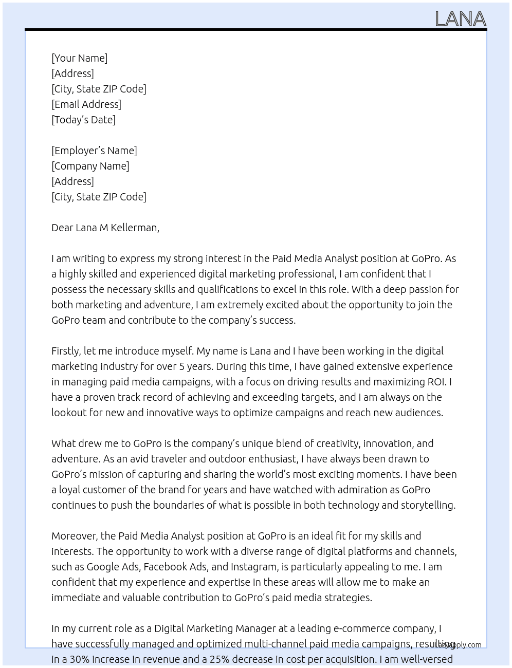 Paid Media Analyst At GoPro Cover Letter