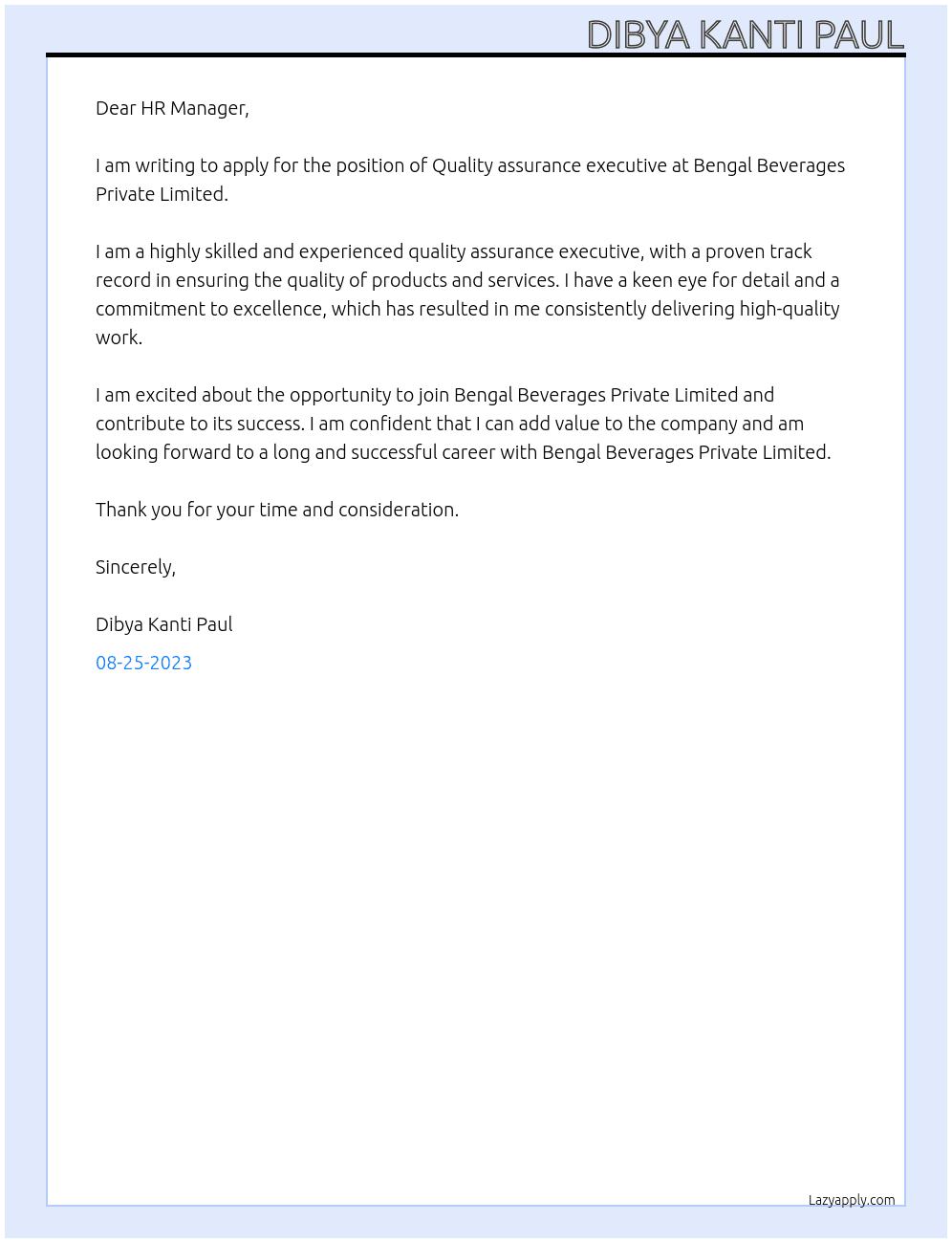Quality assurance executive  At Bengal Beverages Private Limited  Cover Letter