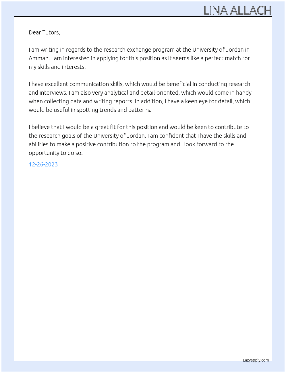 research exchange At University of Jordan, Amman Cover Letter