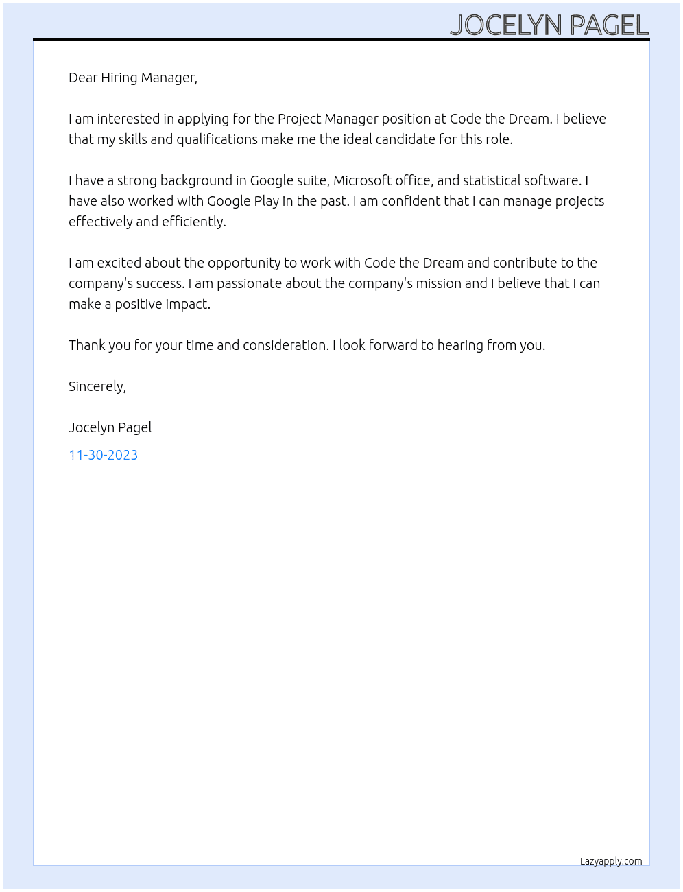 Project Manager At Code the Dream Cover Letter
