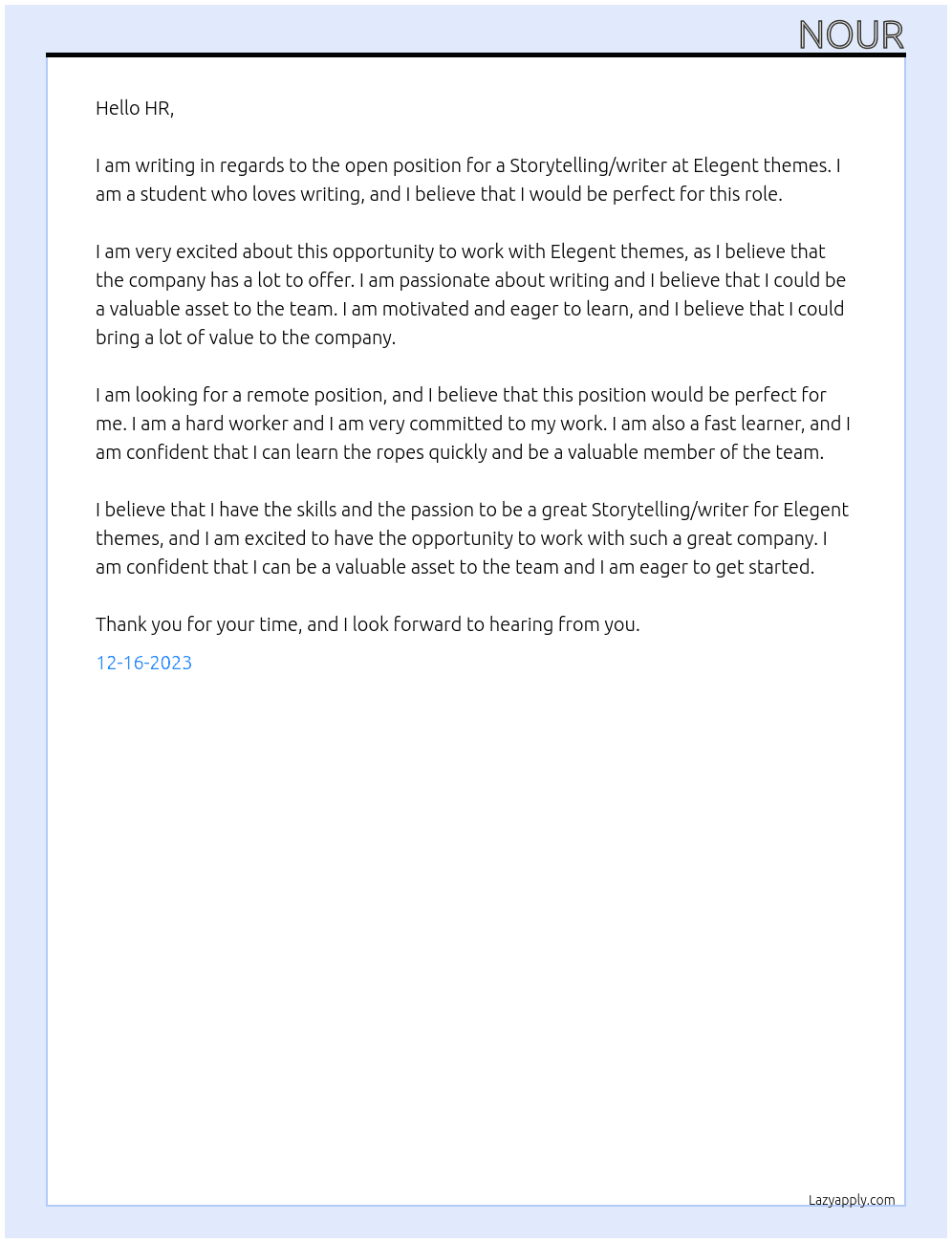 Storytelling/writer  At Elegent themes  Cover Letter