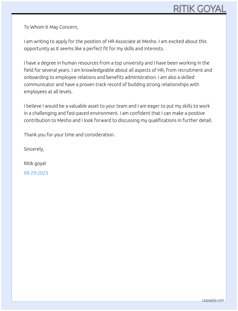 Hr associate At Mesho Cover Letter