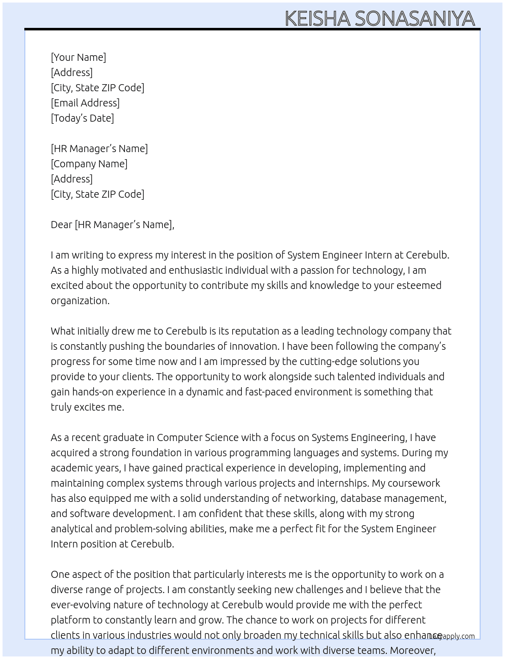 System Engineer Intern At Cerebulb Cover Letter
