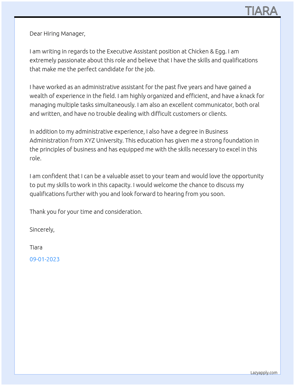 Executive Assistant At Chicken & Egg Cover Letter
