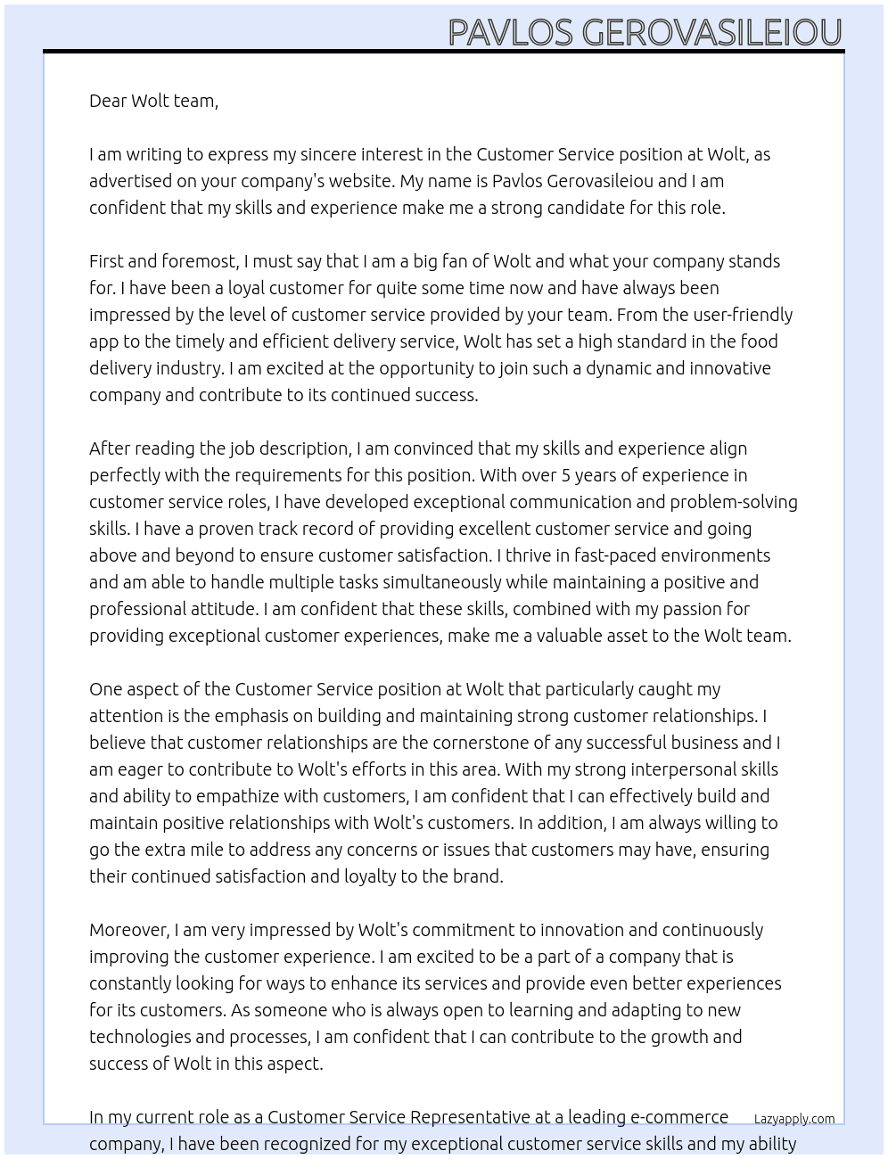 Costumer Service At Wolt Cover Letter
