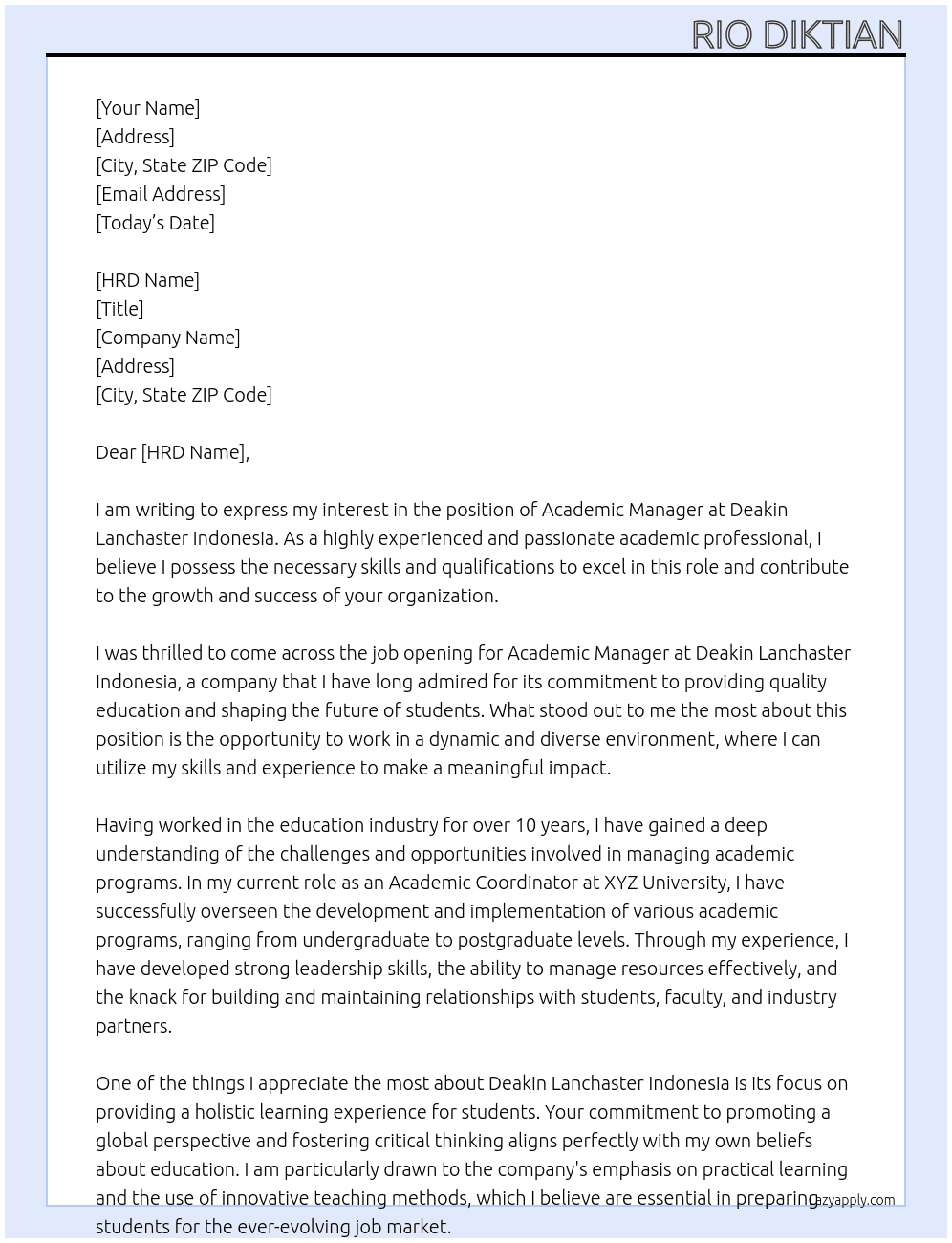 Academic Manager At Deakin Lanchaster Indonesia Cover Letter