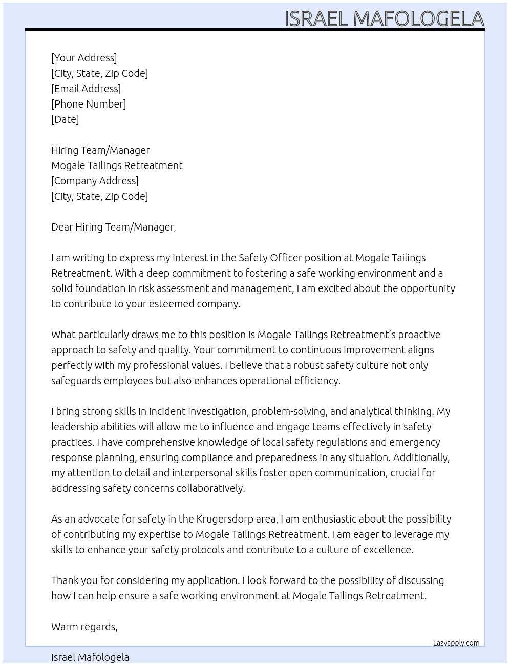 Safety Officer At Mogale Tailings Retreatment Cover Letter