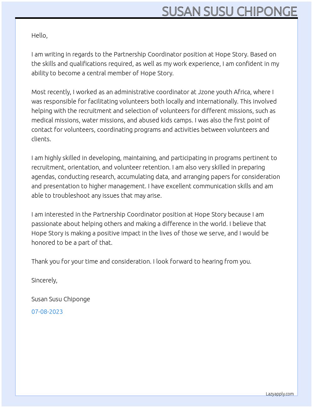 Partnership Coordinator At Hope Story Cover Letter
