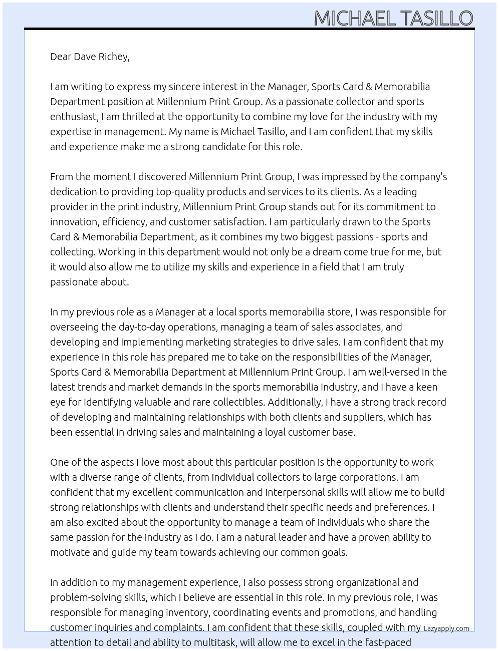 Manager, Sports Card & Memorabilia Department At Millennium Print Group Cover Letter