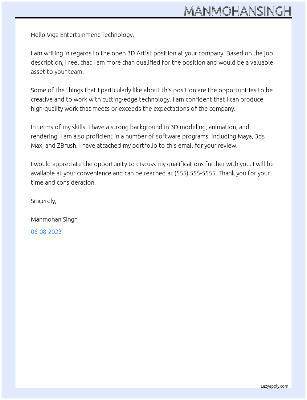 3D Artist At Viga Entertainment Technology Cover Letter
