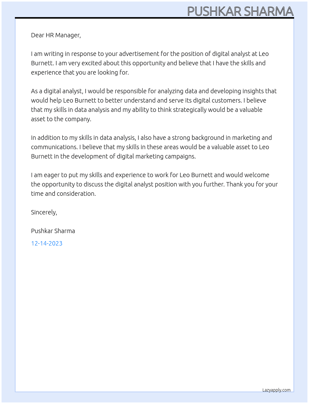 digital analyst At leo burnett Cover Letter