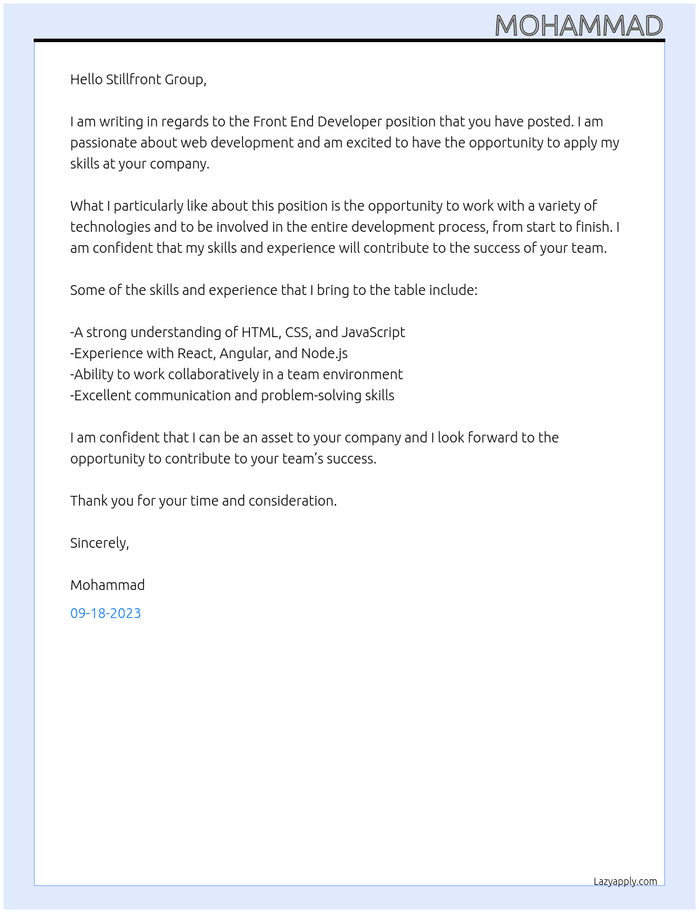 front end developer At Stillfront Group  Cover Letter