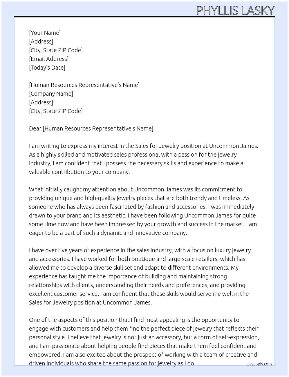 Sales for Jewelry At Uncommon James Cover Letter